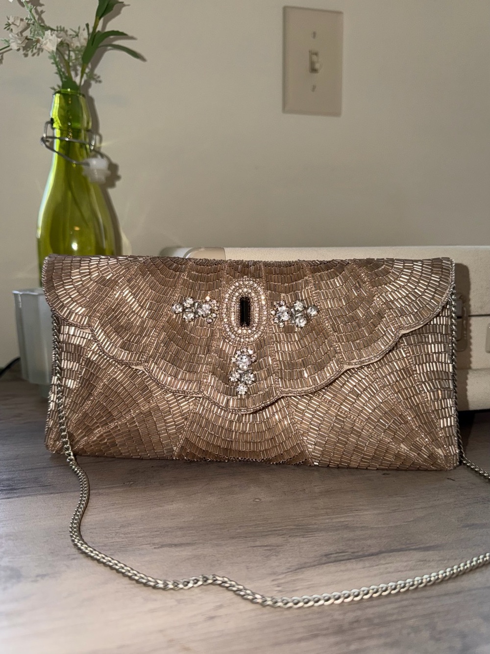 From St Xavier Beaded Scalloped Gold Evening Clutch with Crossbody Chain - Picture 8 of 8